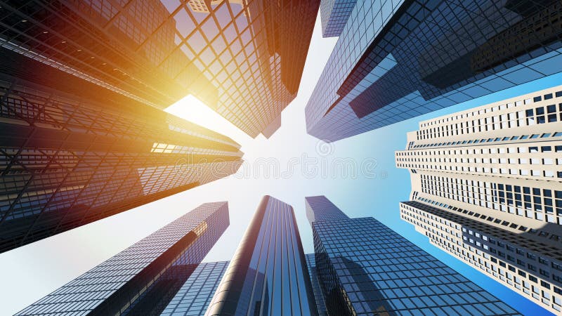 Trojrozměrný obraz vytvořený pomocí počítačového modelu z právnických budovy sluneční světlo a zrušte modrá obloha.