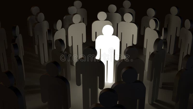 A crowd of abstract human figures and the central figure is glowing. stock illustration