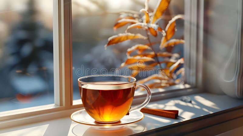 3D Rendering Cup από τσάι με κανέλα στο ξύλινο τραπέζι Ενίσχυση αισθητικής έκκλησης και ζεστασιά απεικόνιση αποθεμάτων