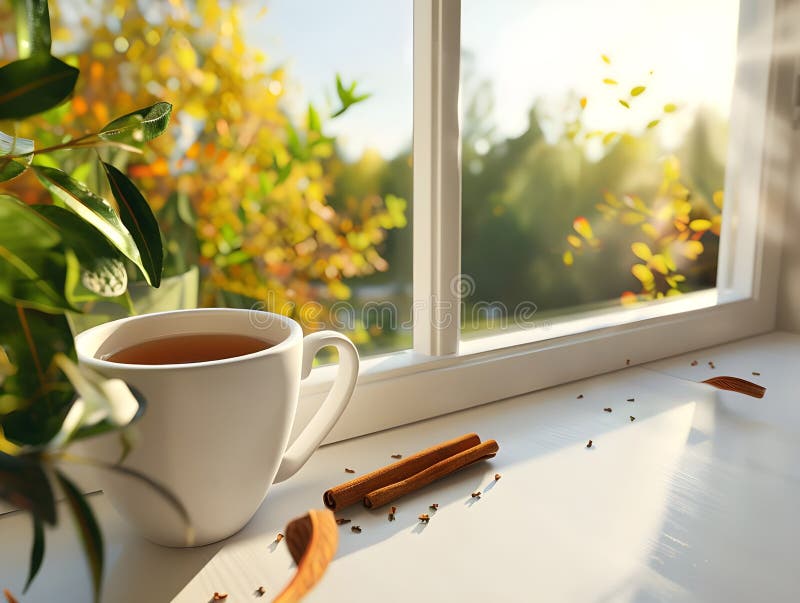 3D Rendering Cup από τσάι με κανέλα στο ξύλινο τραπέζι Ενίσχυση αισθητικής έκκλησης και ζεστασιά ελεύθερη απεικόνιση δικαιώματος