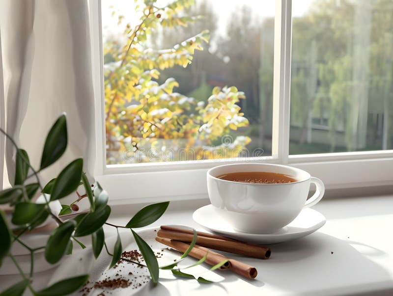 3D Rendering Cup από τσάι με κανέλα στο ξύλινο τραπέζι Ενίσχυση αισθητικής έκκλησης και ζεστασιά ελεύθερη απεικόνιση δικαιώματος