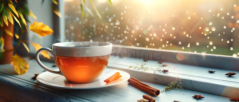 3D Rendering Cup από τσάι με κανέλα στο ξύλινο τραπέζι Ενίσχυση αισθητικής έκκλησης και ζεστασιά ελεύθερη απεικόνιση δικαιώματος