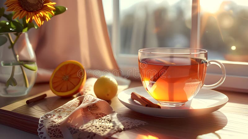 3D Rendering Cup από τσάι με κανέλα στο ξύλινο τραπέζι Ενίσχυση αισθητικής έκκλησης και ζεστασιά ελεύθερη απεικόνιση δικαιώματος