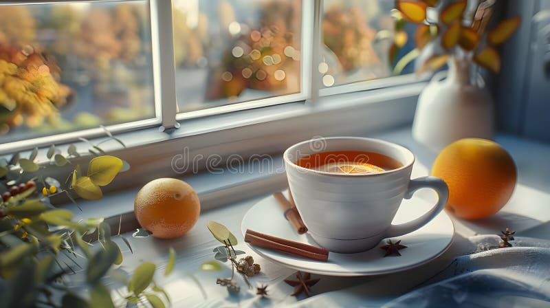 3D Rendering Cup από τσάι με κανέλα στο ξύλινο τραπέζι Ενίσχυση αισθητικής έκκλησης και ζεστασιά διανυσματική απεικόνιση