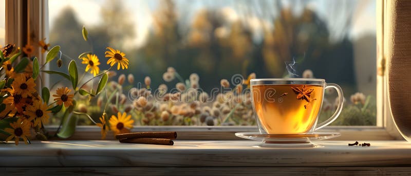 3D Rendering Cup από τσάι με κανέλα στο ξύλινο τραπέζι Ενίσχυση αισθητικής έκκλησης και ζεστασιά ελεύθερη απεικόνιση δικαιώματος