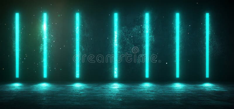 In a d rendering cyber empty space is depicted with sci fi futuristic studio stage having dark room and garage illuminated by stock de ilustración