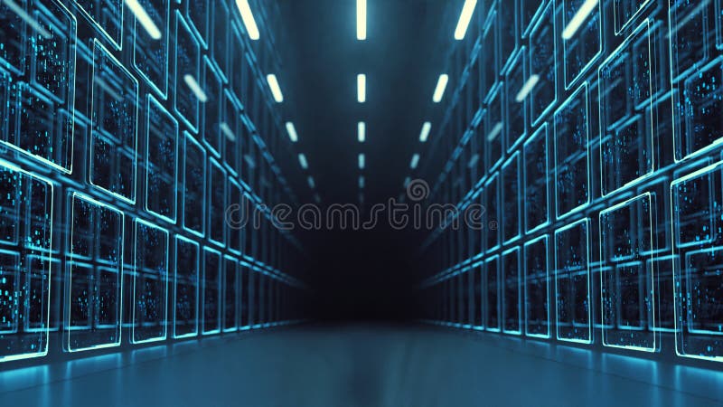3D Rendering of data center room with abstract data servers and glowing led binary, abstract network and ceiling lights 皇族释放例证 3D Rendering of data center room with abstract data servers and glowing led binary, abstract network and ceiling lights 皇族释放例证
