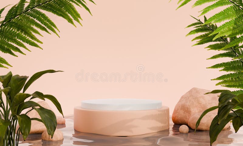 3d rendering del pacco o della piattaforma minimale per la visualizzazione di pastelli con foglie tropicali illustrazione vettoriale