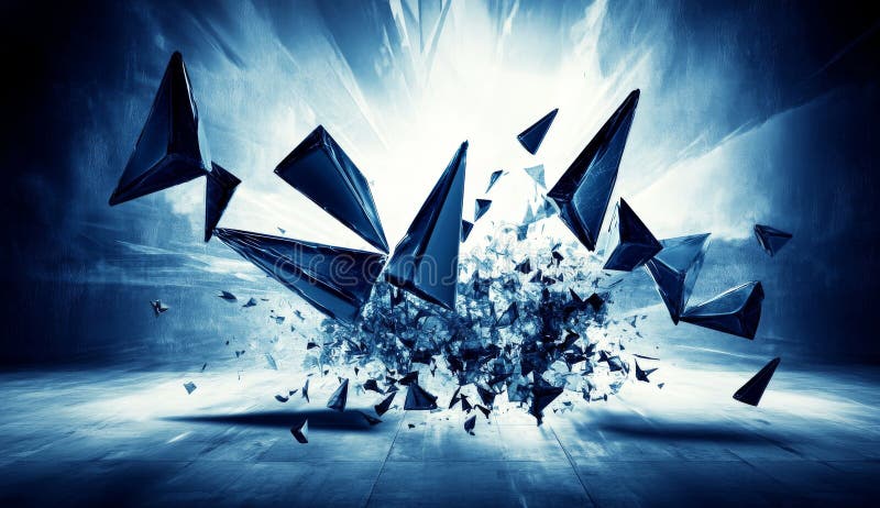 A 3D rendering depicts an abstract surface that has shattered, set against a backdrop of chaotic particles in flight royalty free illustration