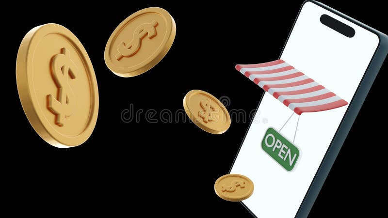 A smartphone with scattered coins, striped awning and green \'OPEN\' sign. royalty free illustration