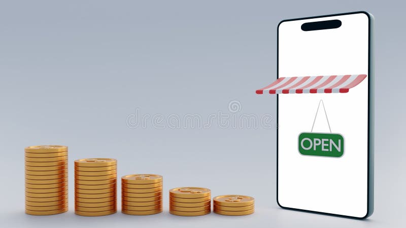 A smartphone with scattered coins, striped awning and green \'OPEN\' sign. stock illustration
