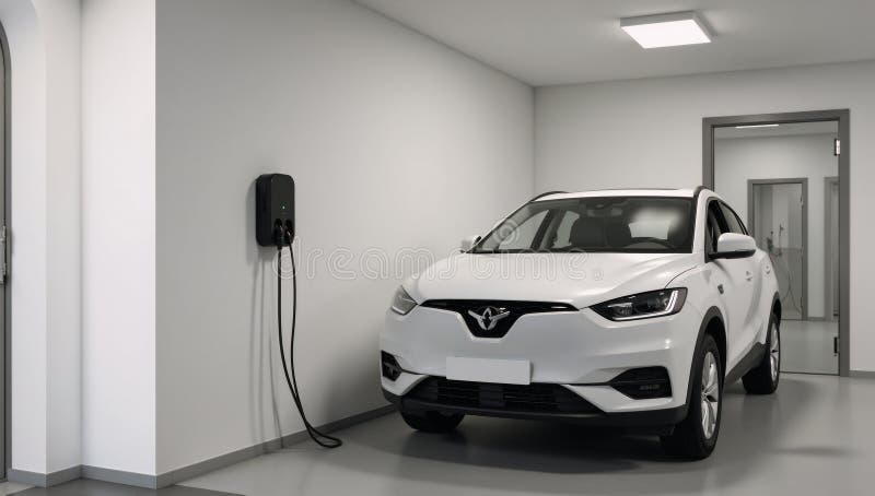 3D Rendering der Wallbox-Installation von Elektrofahrzeugen in der Heimgarage lizenzfreie abbildung
