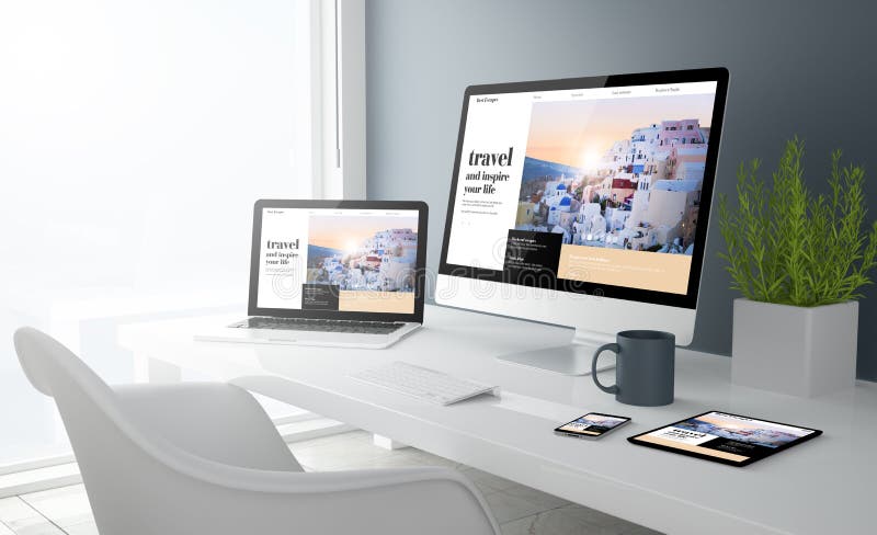 grey studio devices with travel website royalty free illustration grey studio devices with travel website royalty free illustration