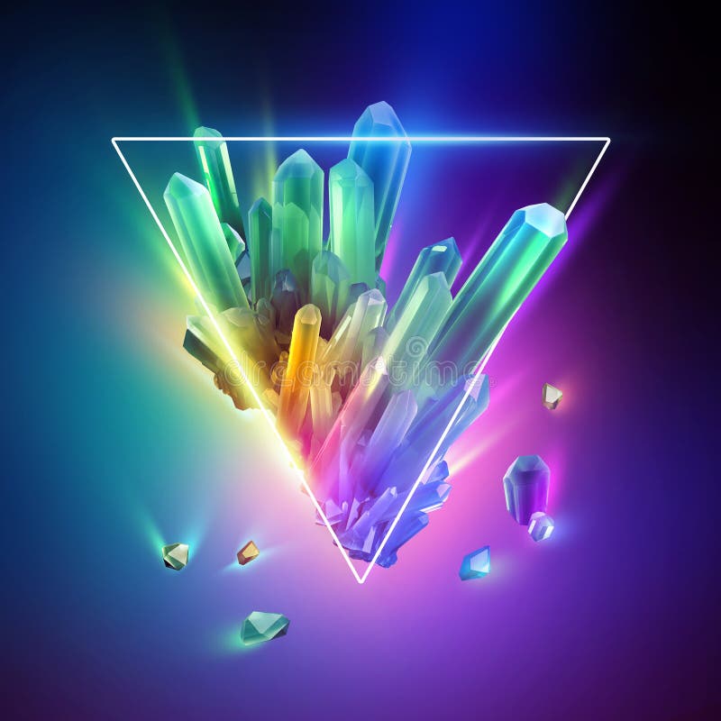 3d rendering di uno sfondo astratto di neon con cristalli e frame triangolare illustrazione vettoriale