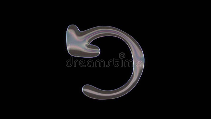 3D rendering of distorted transparent soap bubble in shape of symbol of undo arrow isolated on black background