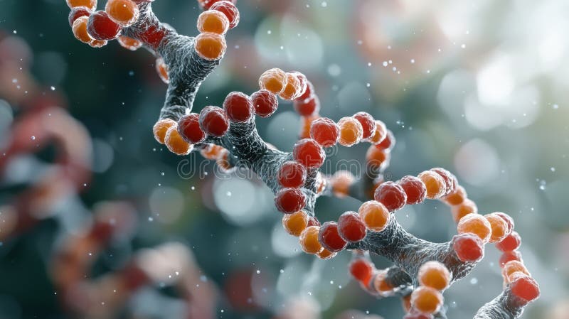 A 3D rendering of a DNA double helix, composed of red and orange spheres, against a blurred background. royalty free illustration