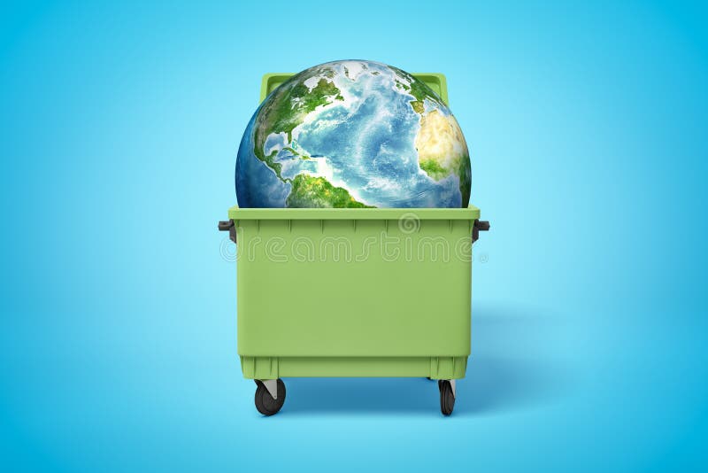 3d rendering of earth globe in green trash bin on blue background stock illustration