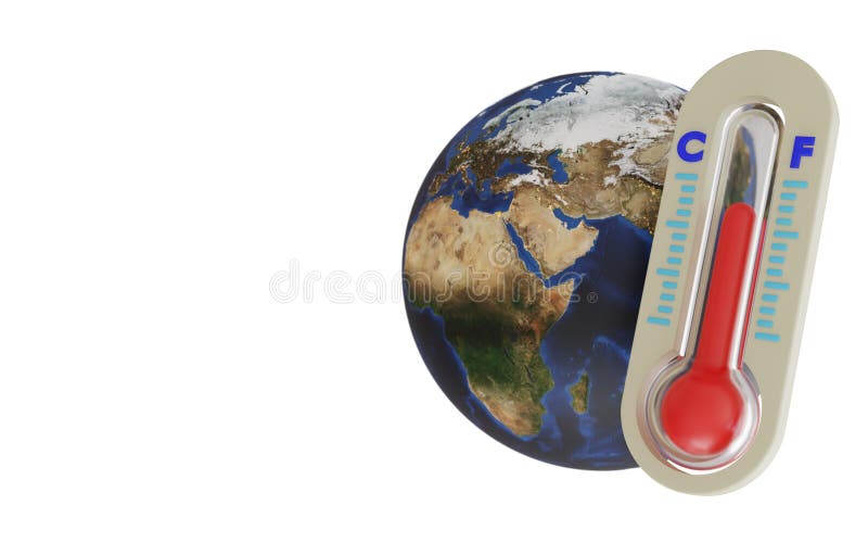 Earth Behind A Thermometer On White Background, Global Temperature