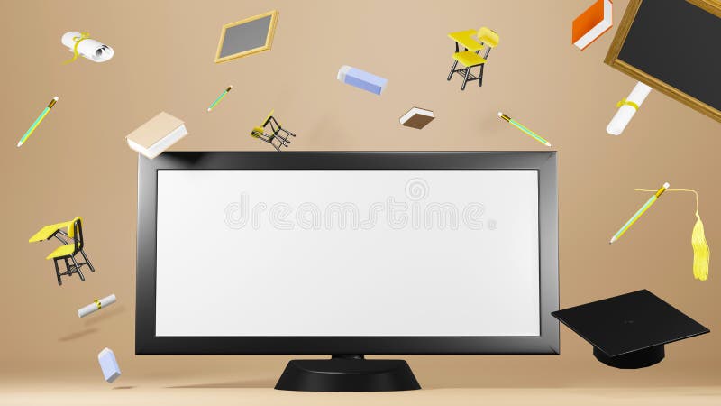 3D Rendering of Education mock up blank white computer monitor Graduation cap in education isolated background. Education royalty free illustration.