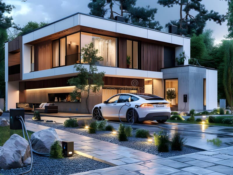 3D-Rendering eines Elektroautos, das vor einer städtischen Landschaft lädt und nachhaltige Transportinnovation veranschaulicht lizenzfreie abbildung