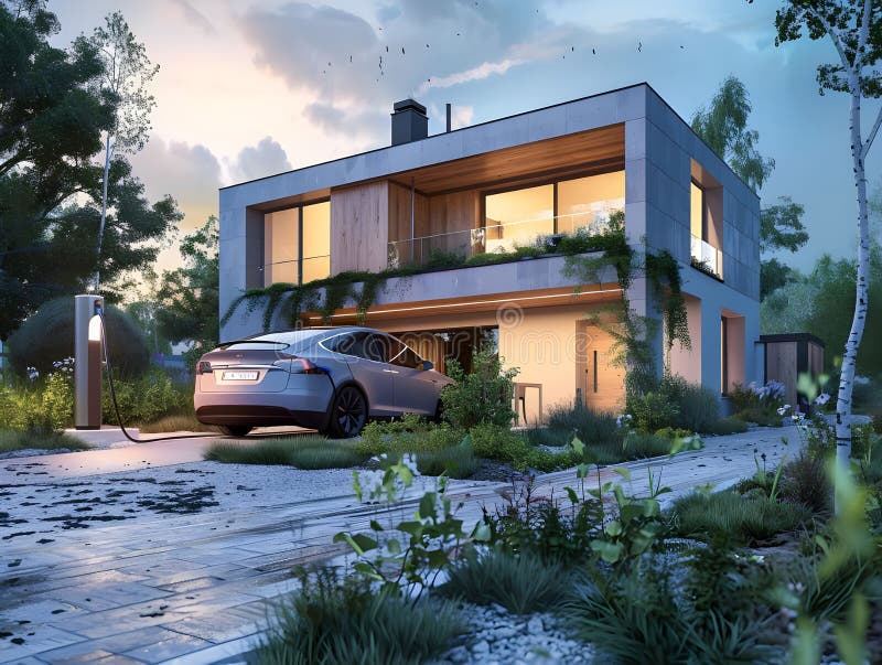 3D-Rendering eines Elektroautos, das vor einer urbanen Landschaft geladen wird und nachhaltige Transportinnovation veranschaulicht vektor abbildung