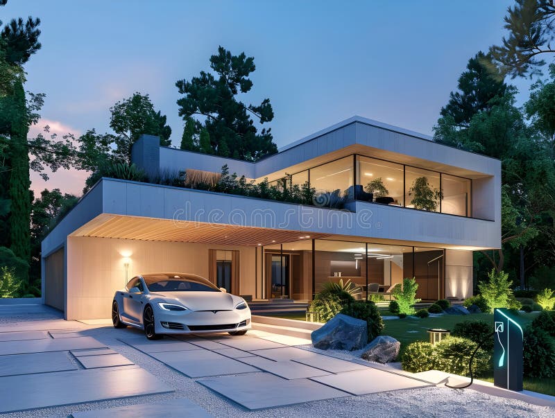 3D-Rendering eines Elektroautos, das vor einer urbanen Landschaft lädt und nachhaltige Transportinnovation veranschaulicht stock abbildung