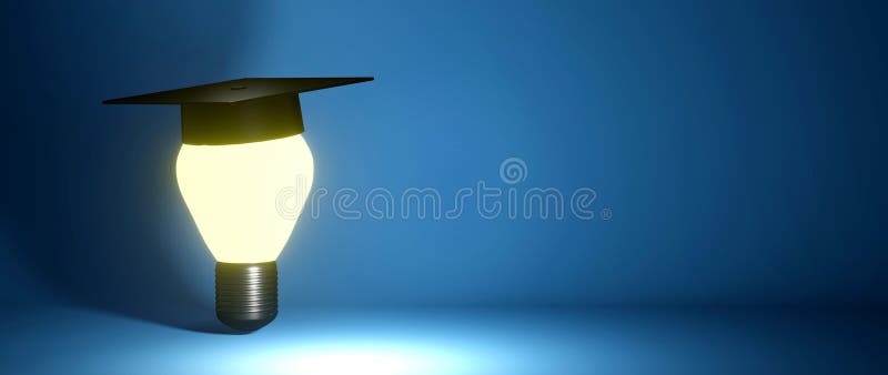 3D Rendering of Electric bulb put on a graduation cap on blue background. There is a text input area. Realistic 3d shapes. stock illustration