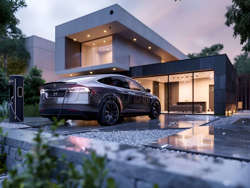 3D Rendering Electric Car Charging vor urbaner Landschaft Illustration nachhaltiger Verkehrsinnovation lizenzfreie abbildung