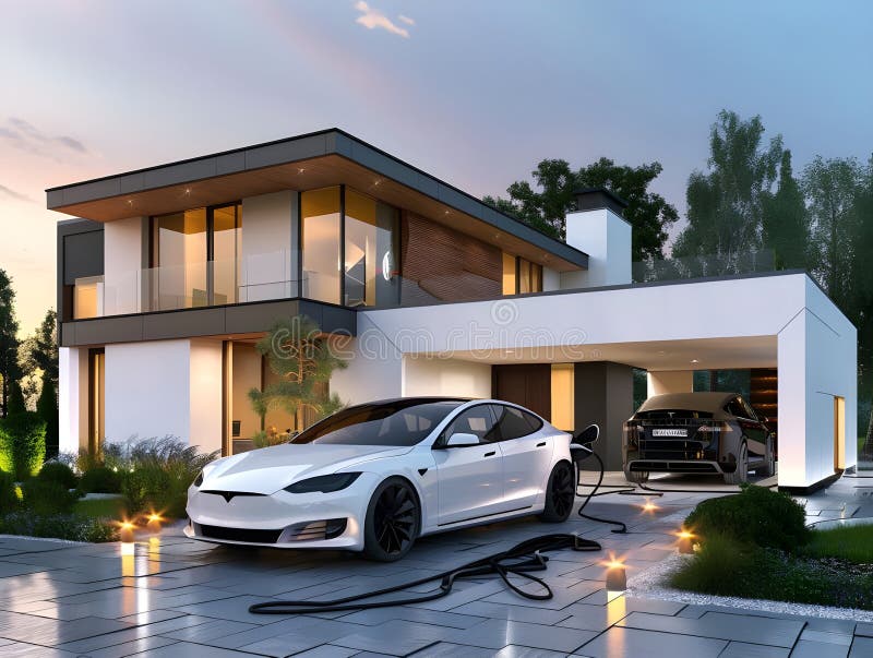 3D Rendering Electric Car Charging vor urbaner Landschaft Illustration nachhaltiger Verkehrsinnovation lizenzfreie abbildung