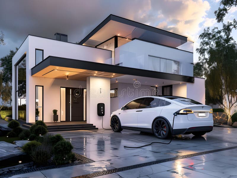 3D Rendering Electric Car Charging vor urbaner Landschaft Illustration nachhaltiger Verkehrsinnovation stock abbildung