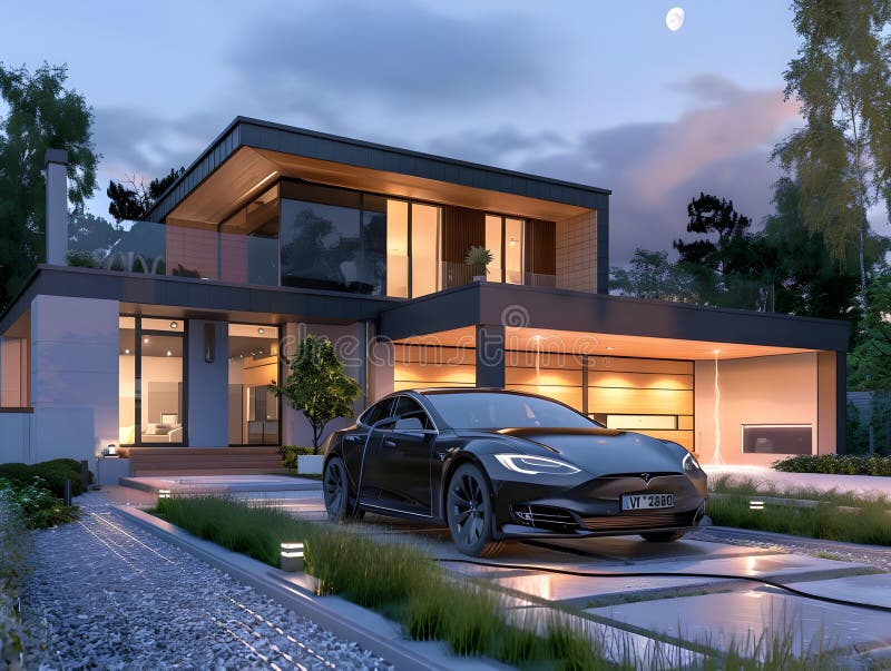 3D Rendering Electric Car Charging vor urbaner Landschaft Illustration nachhaltiger Verkehrsinnovation vektor abbildung