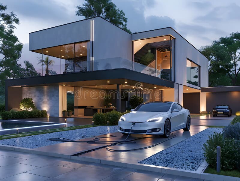 3D Rendering Electric Car Charging vor urbaner Landschaft Illustration nachhaltiger Verkehrsinnovation stock abbildung