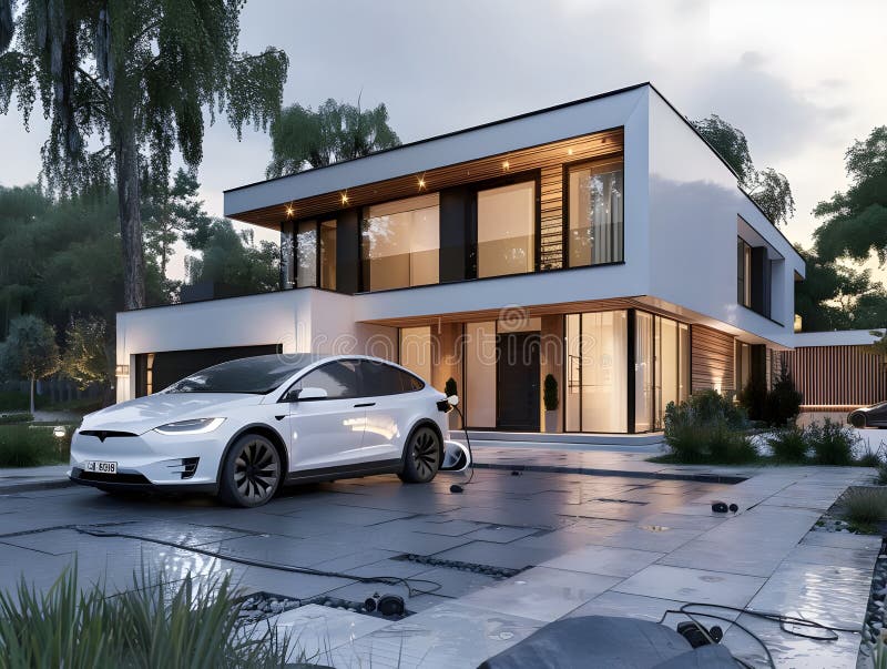 3D Rendering Electric Car Charging vor urbaner Landschaft Illustration nachhaltiger Verkehrsinnovation stock abbildung