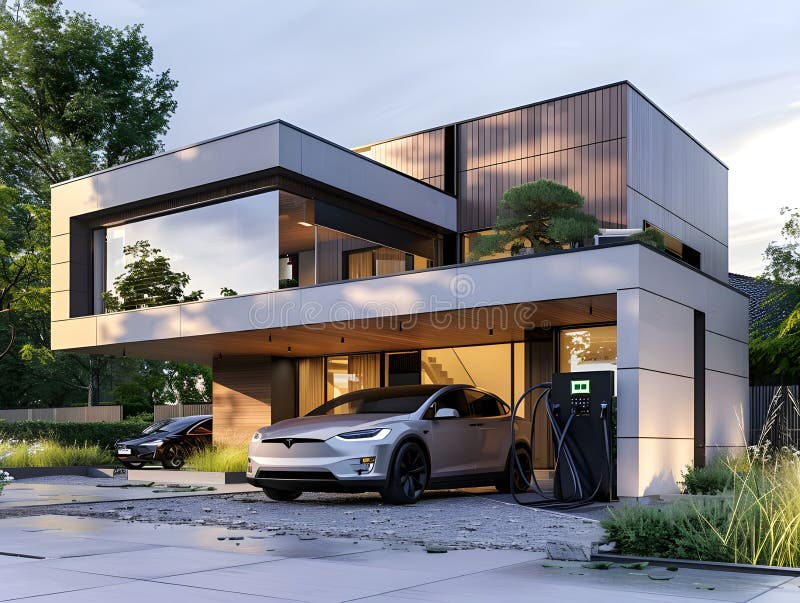 3D Rendering Electric Car Charging vor urbaner Landschaft Illustration nachhaltiger Verkehrsinnovation vektor abbildung
