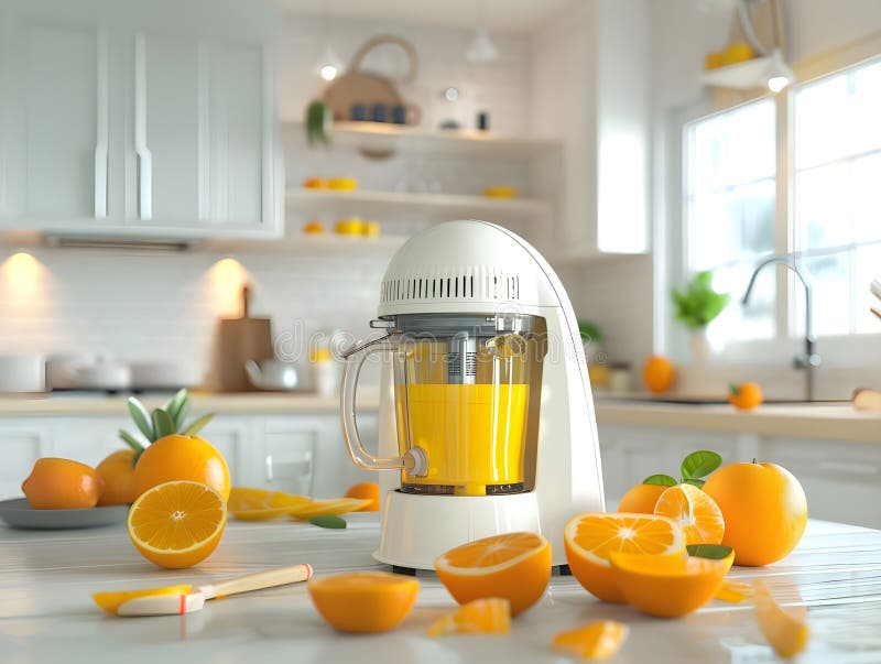 3D Rendering Electric Juicer mit frischem Orange Highlights Healthy Refresh und Moderne Kitchen Appliance vektor abbildung