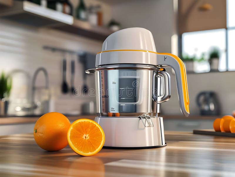 3D Rendering Electric Juicer mit frischem Orange Highlights Healthy Refresh und Moderne Kitchen Appliance lizenzfreie abbildung