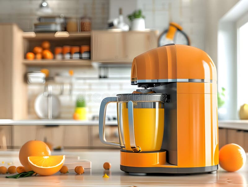 3D Rendering Electric Juicer mit frischem Orange Highlights Healthy Refresh und Moderne Kitchen Appliance vektor abbildung