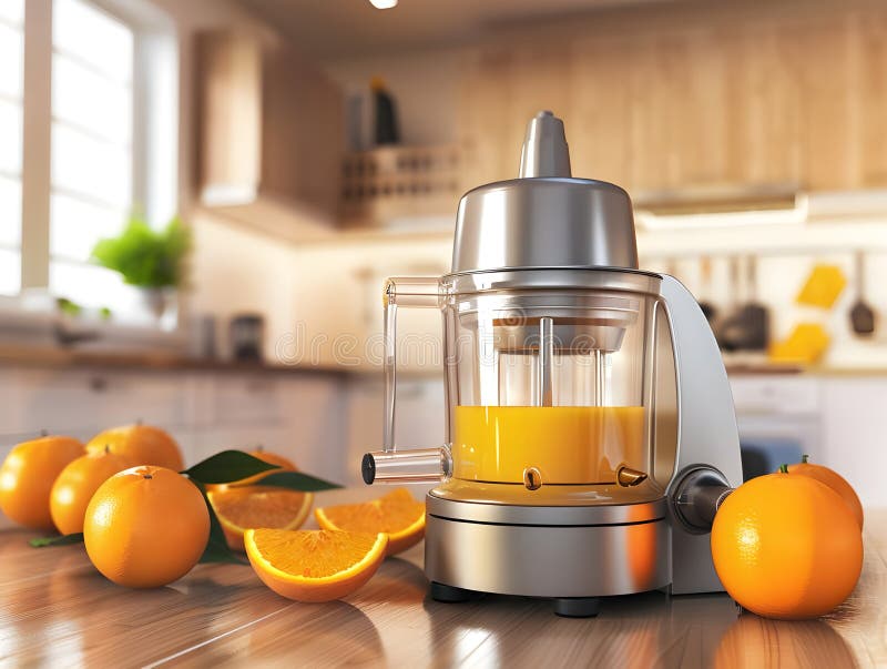 3D Rendering Electric Juicer mit frischem Orange Highlights Healthy Refresh und Moderne Kitchen Appliance lizenzfreie abbildung