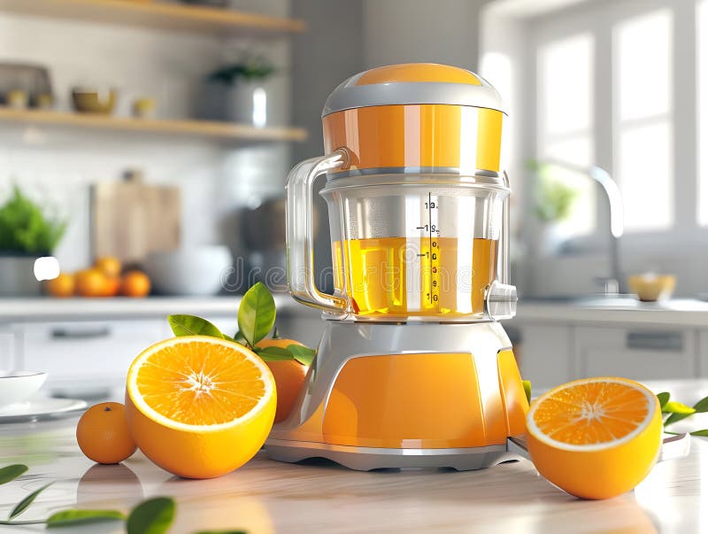3D Rendering Electric Juicer mit frischem Orange Highlights Healthy Refresh und Moderne Kitchen Appliance lizenzfreie abbildung