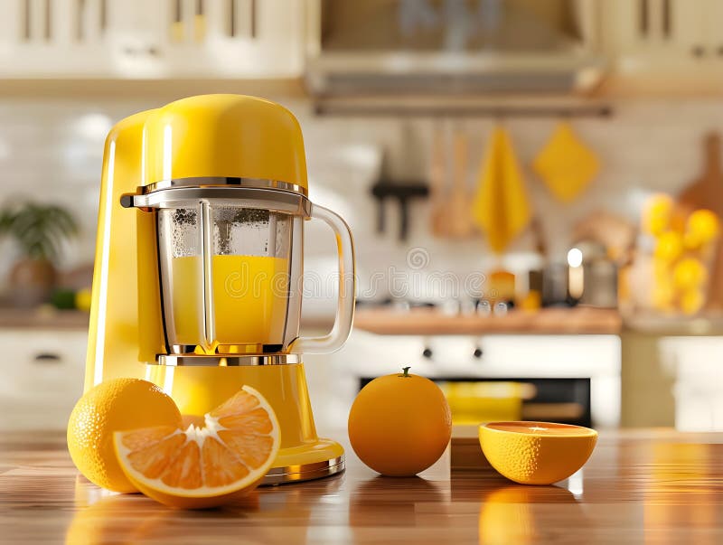 3D Rendering Electric Juicer mit frischem Orange Highlights Healthy Refresh und Moderne Kitchen Appliance stock abbildung