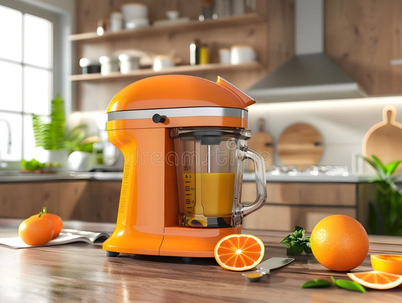 3D Rendering Electric Juicer mit frischem Orange Highlights Healthy Refresh und Moderne Kitchen Appliance vektor abbildung