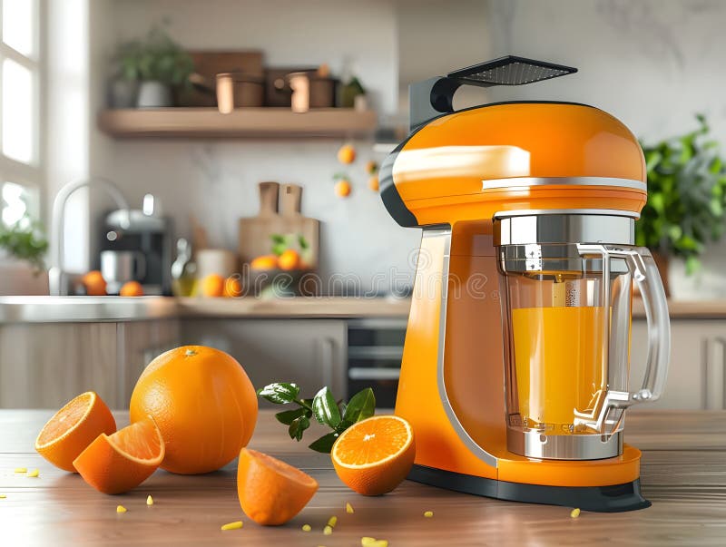 3D Rendering Electric Juicer mit frischem Orange Highlights Healthy Refresh und Moderne Kitchen Appliance vektor abbildung