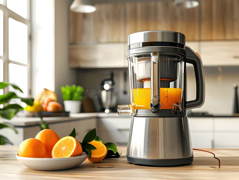3D Rendering Electric Juicer mit frischem Orange Highlights Healthy Refresh und Moderne Kitchen Appliance lizenzfreie abbildung