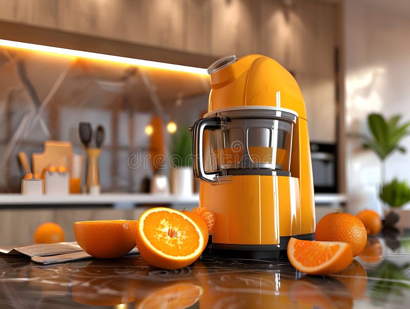3D Rendering Electric Juicer mit frischem Orange Highlights Healthy Refresh und Moderne Kitchen Appliance vektor abbildung