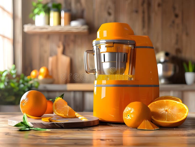 3D Rendering Electric Juicer mit frischem Orange Highlights Healthy Refresh und Moderne Kitchen Appliance lizenzfreie abbildung