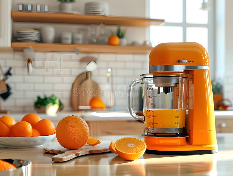3D Rendering Electric Juicer mit frischem Orange Highlights Healthy Refresh und Moderne Kitchen Appliance lizenzfreie abbildung