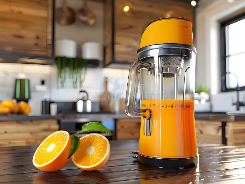 3D Rendering Electric Juicer mit frischem Orange Highlights Healthy Refresh und Moderne Kitchen Appliance stock abbildung
