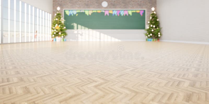 3d rendering of empty classroom suit for education, christmas background. royalty free illustration