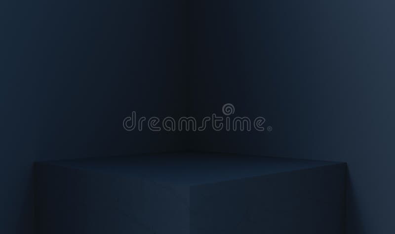 3D rendering of empty space for product display. square pedestal, dark blue background vector illustration