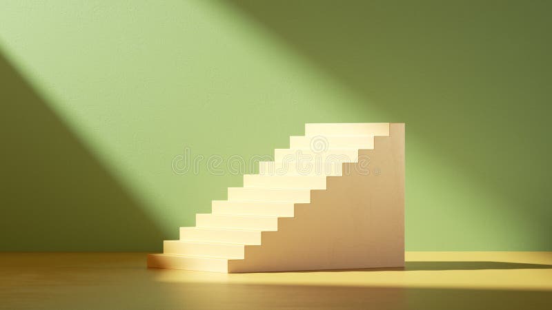 3d-rendering. Enkla trappor och steg i ett tomt rum med grön vägg belyst med starkt solljus. minsta scen för produkten stock illustrationer